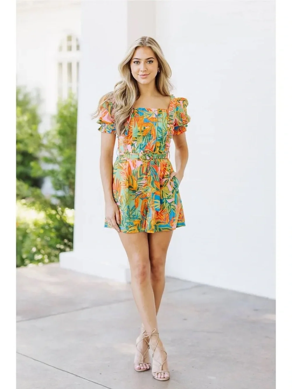 j.marie Vibrant Paloma Tropical Puff-Sleeve Romper in Orange & Pink - Picture 6 of 6
